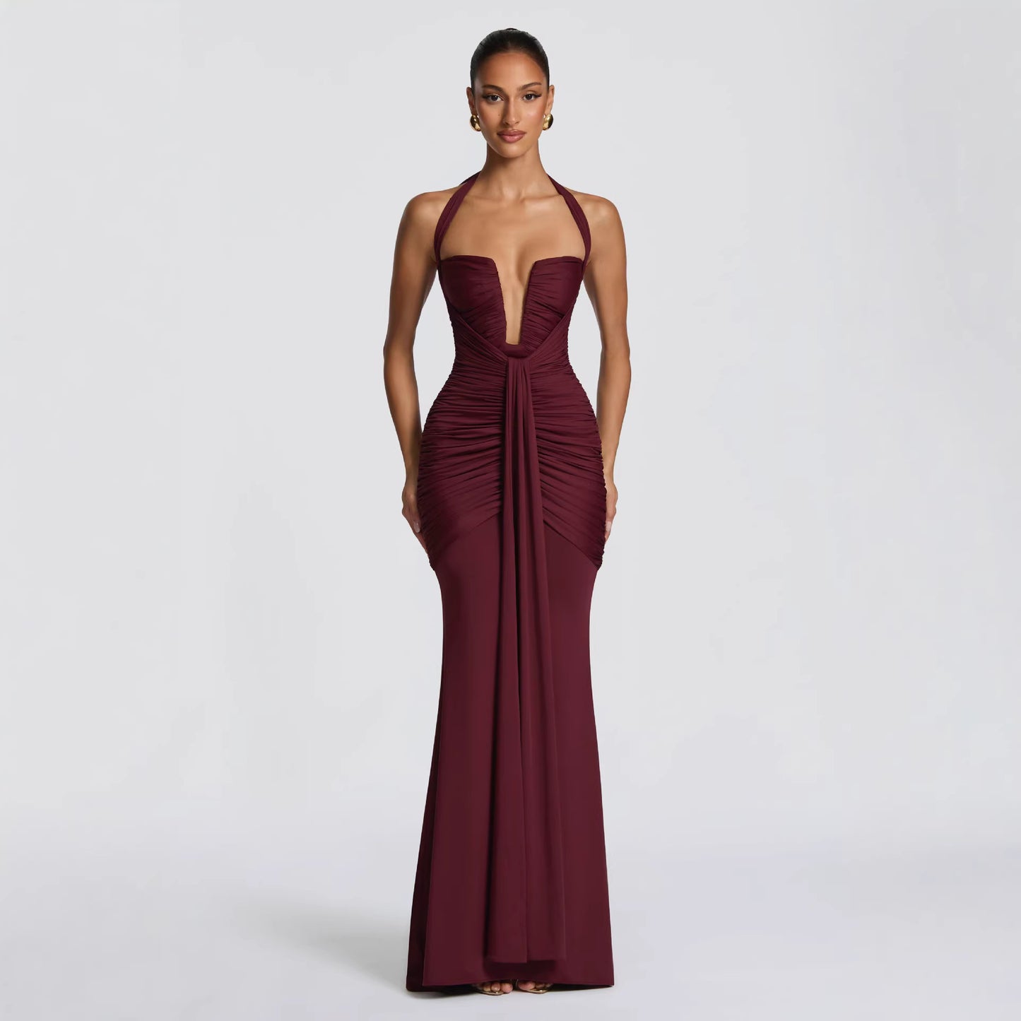 SUPERVALUECHOICE HCSEAB00004 Halter Neck Plunge Ruched Mermaid Maxi Dress - Formal Evening Gown