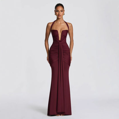 SUPERVALUECHOICE HCSEAB00004 Halter Neck Plunge Ruched Mermaid Maxi Dress - Formal Evening Gown