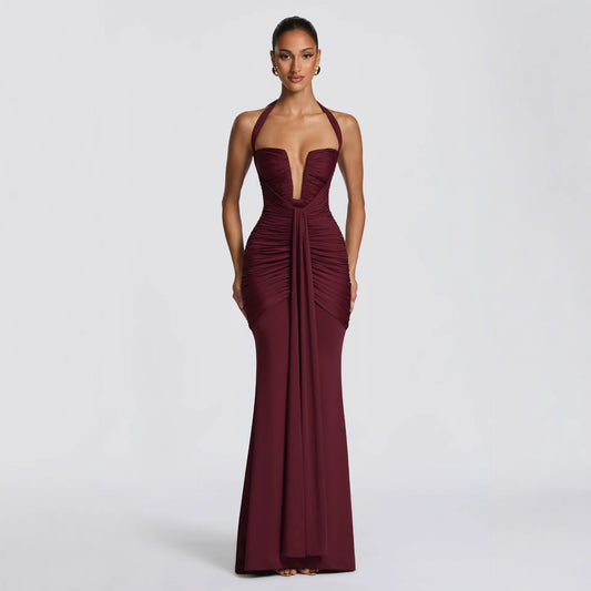 SUPERVALUECHOICE HCSEAB00004 Halter Neck Plunge Ruched Mermaid Maxi Dress - Formal Evening Gown