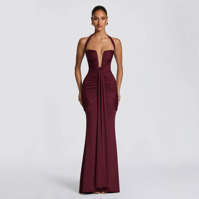 SUPERVALUECHOICE HCSEAB00004 Halter Neck Plunge Ruched Mermaid Maxi Dress - Formal Evening Gown