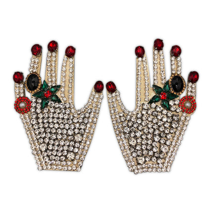 SUPÊR VÃLUE CHOICE  HCSEYB00082 Vintage Hand Shape Rhinestone Patch Red Green Crystal Beaded Applique for Clothing Decoration Patch 3.94"W × 3.43"H