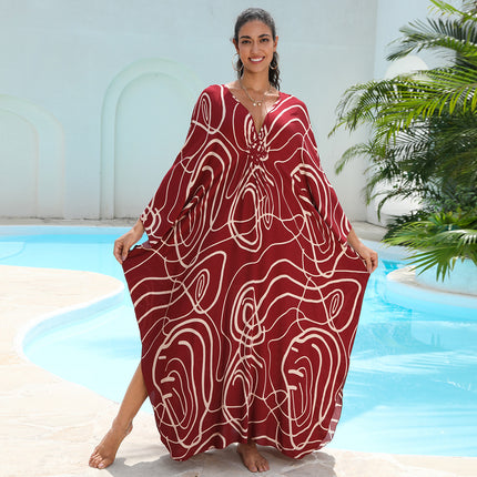 SUPERVALUECHOICE HCSEAD00007 Oversized Kaftan Maxi Dress, V‑Neck Batwing Sleeve Loose Long Caftan, Bohemian Beach Cover‑Up for Women, Plus Size Friendly
