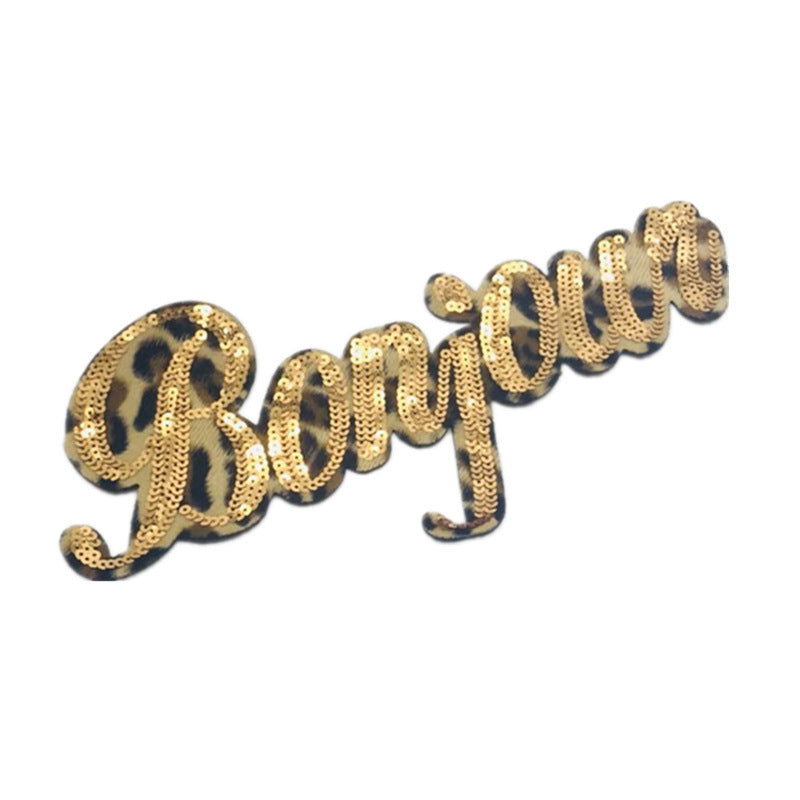 SUPERVALUECHOICE HCSEYC00021 Gold Sequin Leopard Print Bonjour Word Iron On Embroidered Patch Cursive Letter Applique for Jacket Hat Bag Clothing DIY Decor W:12.20inch H:4.33inch