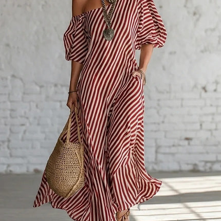 SUPERVALUECHOICE HCSEAA00050 Striped One-Shoulder Puff Sleeve Maxi Dress
