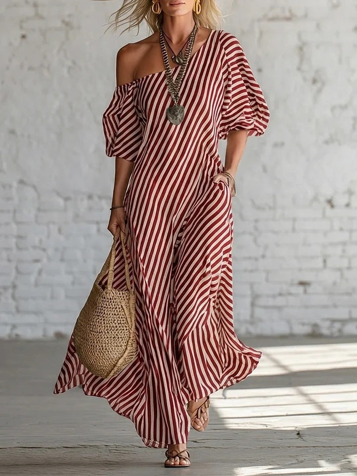 SUPERVALUECHOICE HCSEAA00050 Striped One-Shoulder Puff Sleeve Maxi Dress