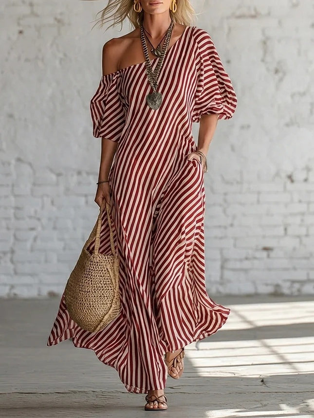 SUPERVALUECHOICE HCSEAA00050 Striped One-Shoulder Puff Sleeve Maxi Dress