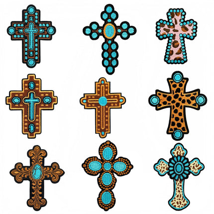 SUPERVALUECHOICE HCSEYSB00033 9Pcs Western Turquoise Leopard Cross Embroidered Iron On Patches Garment DIY Decor Appliques