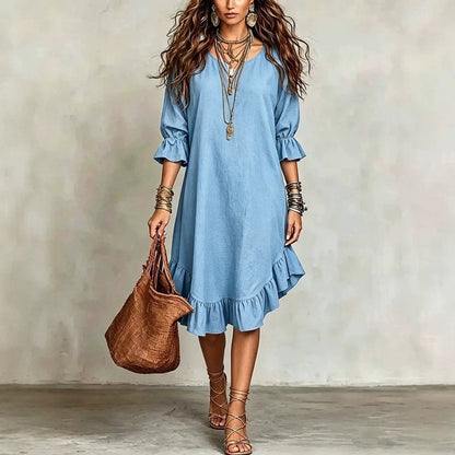 SUPERVALUECHOICE HCSEAA00048 Boho Ruffled Hem Three-Quarter Sleeve Midi Dress