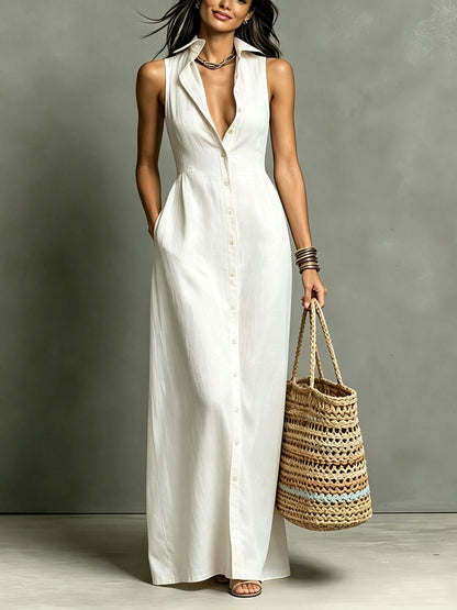 SUPERVALUECHOICE HCSEAA00036 Women's Minimalist  Collared Single-Breasted Sleeveless Maxi Shirt Dress