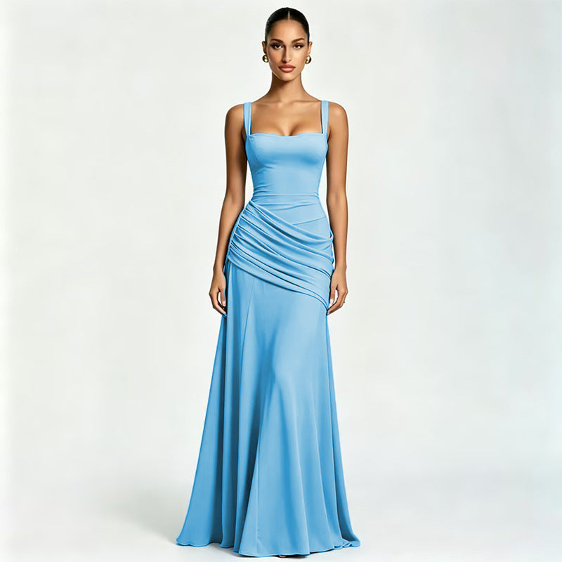 SUPERVALUECHOICE HCSEAA00004 Square Neck Ruched Waist Chiffon Maxi Dress