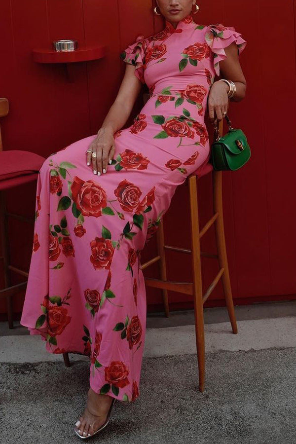 SUPERVALUECHOICE HCSEAC00002 Cheongsam Style Rose Floral Print Tiered Flare Sleeve Stretch Maxi Dress
