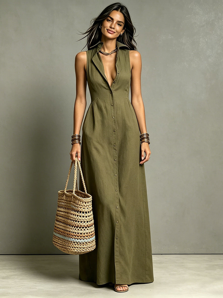 SUPERVALUECHOICE HCSEAA00036 Women's Minimalist  Collared Single-Breasted Sleeveless Maxi Shirt Dress
