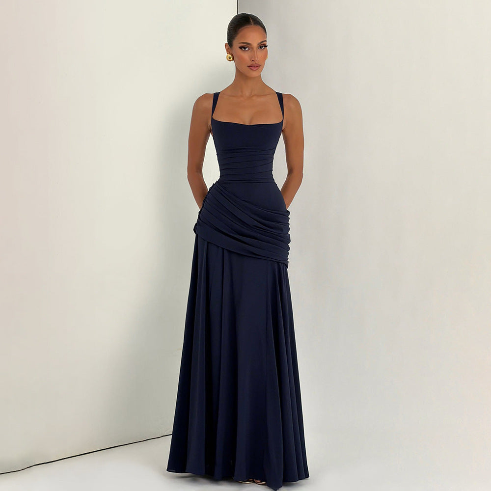 SUPERVALUECHOICE HCSEAA00004 Square Neck Ruched Waist Chiffon Maxi Dress
