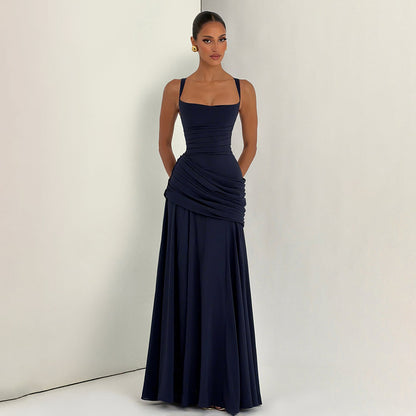 SUPERVALUECHOICE HCSEAA00004 Square Neck Ruched Waist Chiffon Maxi Dress