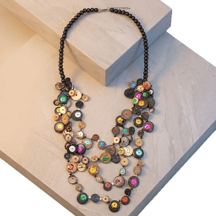 SUPERVALUECHOICE HCSEVA00014 Boho Multi‑Layer Coconut Shell Statement Necklace, Hand‑Painted Colorful Wooden Bead Bib Necklace