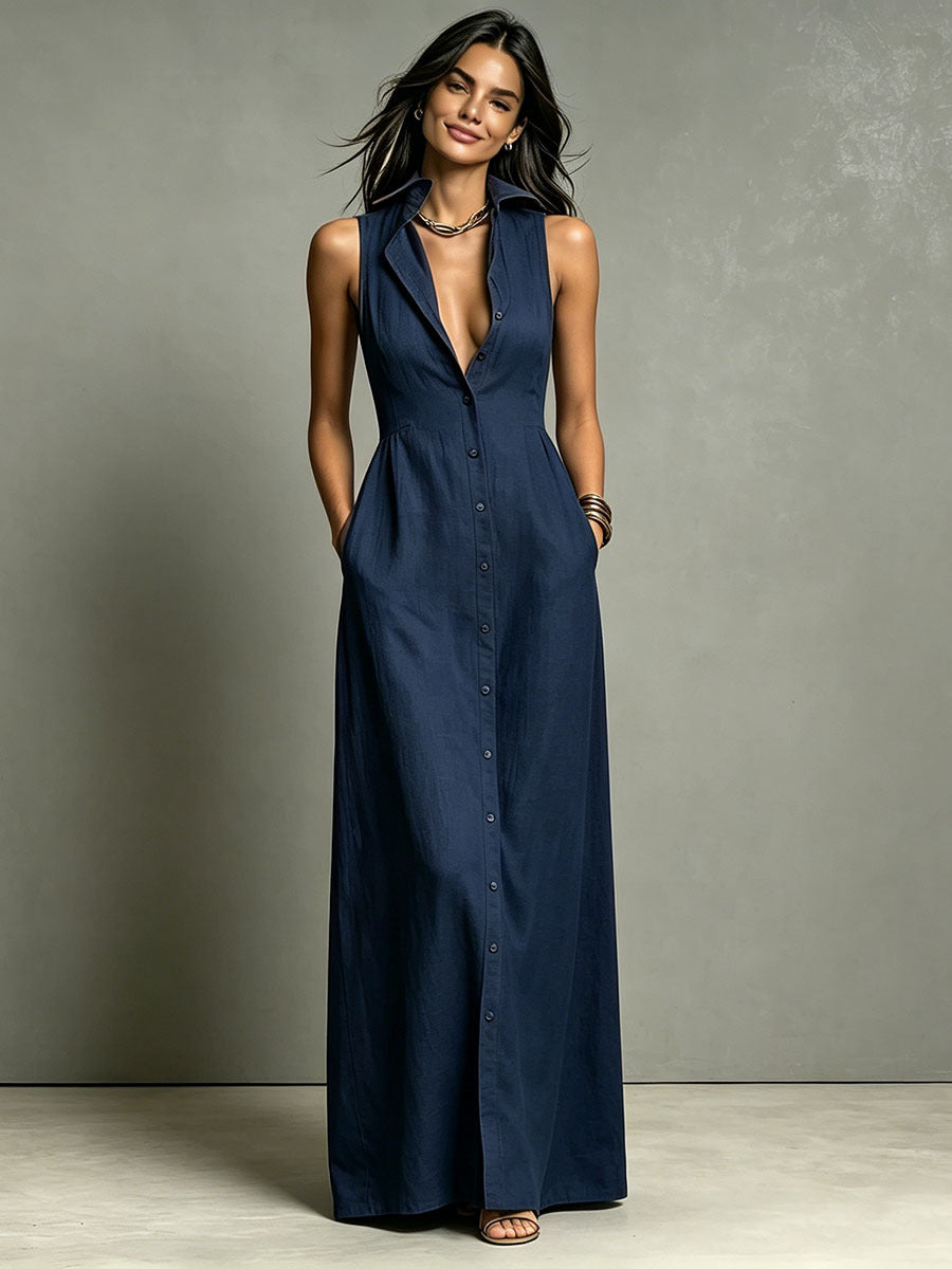 SUPERVALUECHOICE HCSEAA00036 Women's Minimalist  Collared Single-Breasted Sleeveless Maxi Shirt Dress