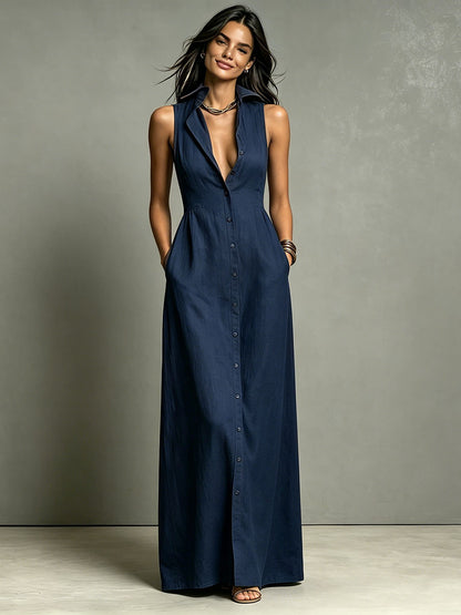 SUPERVALUECHOICE HCSEAA00036 Women's Minimalist  Collared Single-Breasted Sleeveless Maxi Shirt Dress