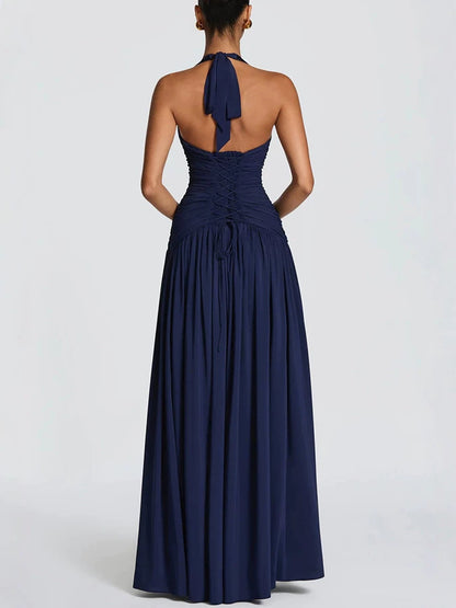 SUPERVALUECHOICE HCSEAA00016 Halter Neck Deep V Ruched Maxi Dress