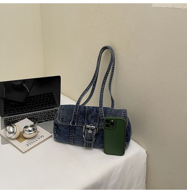 SuperValueChoice HCSEFA00058 Denim Underarm Bag Solid Color Square Shoulder Bags with Top Handle Shoulder Handbags for Women Travel Shopping Daily Use