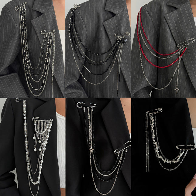 SUPERVALUECHOICE HCSESA00104 INS Fashion Elegant Multi-Layer Tassel Chain Design Brooch Decoration For Dress/Suit, Exaggerated Chain Bag Pendant