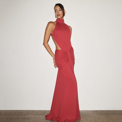 SUPERVALUECHOICE HCSEAB00001 Halter Neck Cutout Ruched Mermaid Maxi Dress
