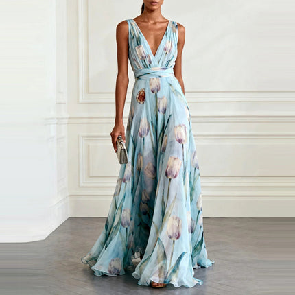 SUPERVALUECHOICE HCSEAA00035 Elegant Tulip Print V-neck Maxi Dress