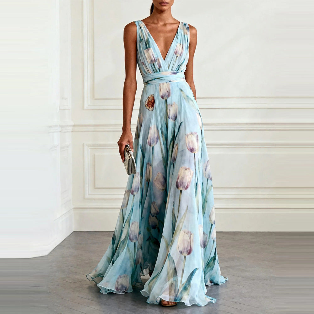 SUPERVALUECHOICE HCSEAA00035 Elegant Tulip Print V-neck Maxi Dress