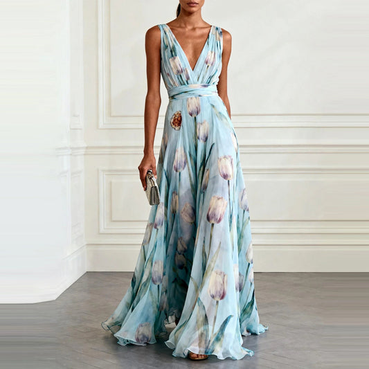 SUPERVALUECHOICE HCSEAA00035 Elegant Tulip Print V-neck Maxi Dress
