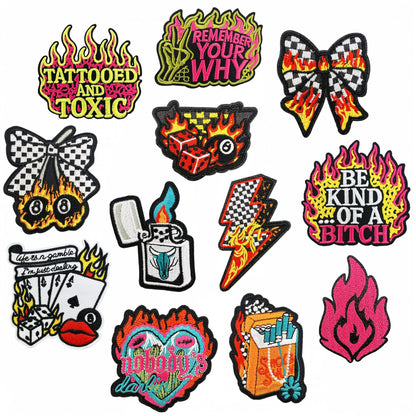 SUPERVALUECHOICE HCSEYSB00023 12Pcs Flame Punk Slogan Embroidered Iron On Patches Edgy Streetwear Clothing Decor Appliques