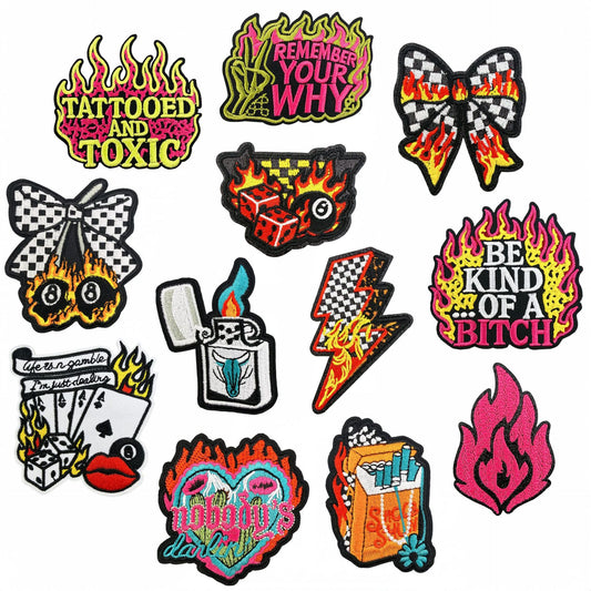 SUPERVALUECHOICE HCSEYSB00023 12Pcs Flame Punk Slogan Embroidered Iron On Patches Edgy Streetwear Clothing Decor Appliques