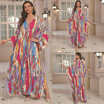 SUPERVALUECHOICE HCSEAD00010 Oversized Kaftan Maxi Dress, V‑Neck Batwing Sleeve Loose Long Caftan, Bohemian Beach Cover‑Up for Women, Plus Size Friendly