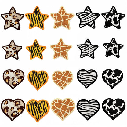 SUPERVALUECHOICE HCSEYSB00005 20 Pack Animal Print Star Heart Iron On Patches Leopard Tiger Giraffe Zebra Cow Pattern Embroidered Appliques for Jacket Hat Backpack DIY Clothing Decor
