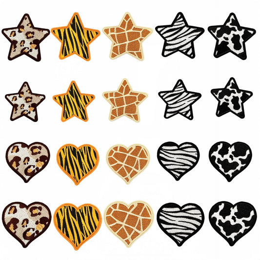 SUPERVALUECHOICE HCSEYSB00005 20 Pack Animal Print Star Heart Iron On Patches Leopard Tiger Giraffe Zebra Cow Pattern Embroidered Appliques for Jacket Hat Backpack DIY Clothing Decor