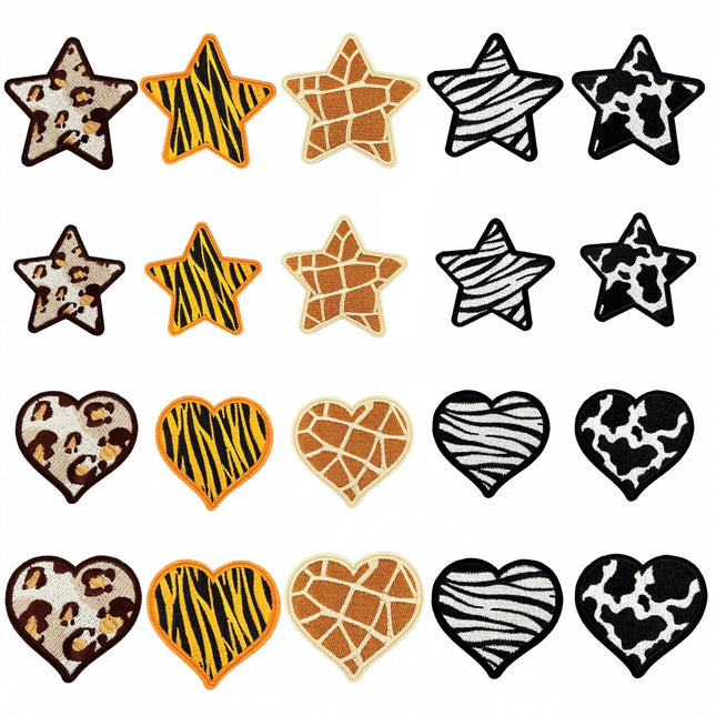 SUPERVALUECHOICE HCSEYSB00005 20 Pack Animal Print Star Heart Iron On Patches Leopard Tiger Giraffe Zebra Cow Pattern Embroidered Appliques for Jacket Hat Backpack DIY Clothing Decor