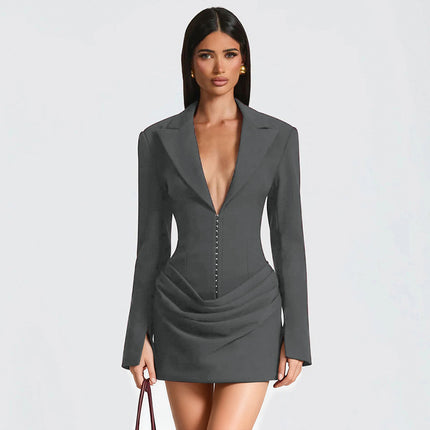 SUPERVALUECHOICE HCSEAC00024 Corset Waist Blazer Dress Deep V Neck Ruched Long Sleeve Mini Party Dress