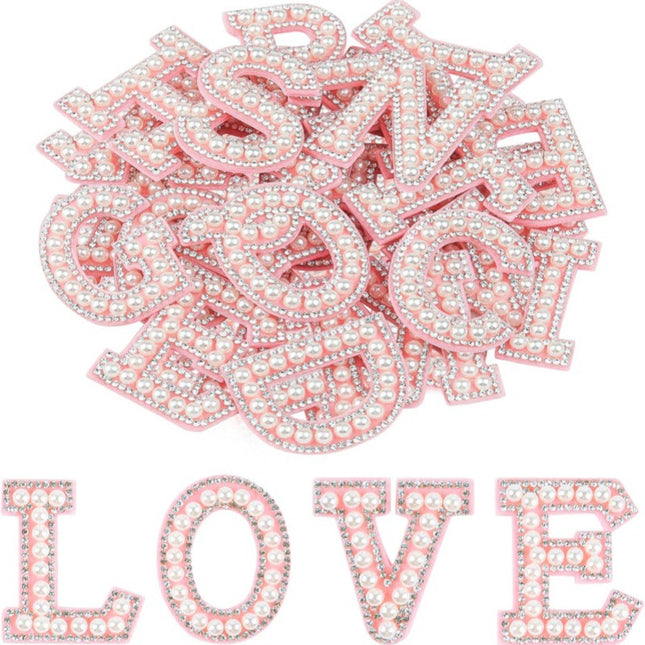 SUPERVALUECHOICE HCSEYH00005 26Pcs Pearl Rhinestone Letter Patches Self Adhesive A-Z, Stick on Pearl Letter Patches for Clothes, Fabric, Backpack (Pink)