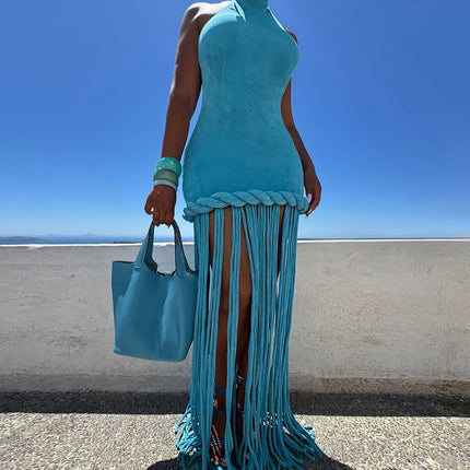 SUPERVALUECHOICE HCSEAC00022 Neck Backless Bodycon Dress - Sexy Braided Trim Extra Long Fringe Hem Dress, Women's Solid Blue Party