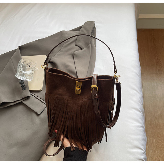 SuperValueChoice HCSEFA00038 Vintage Suede Fringe Bucket Bag Women Shoulder Crossbody Purse