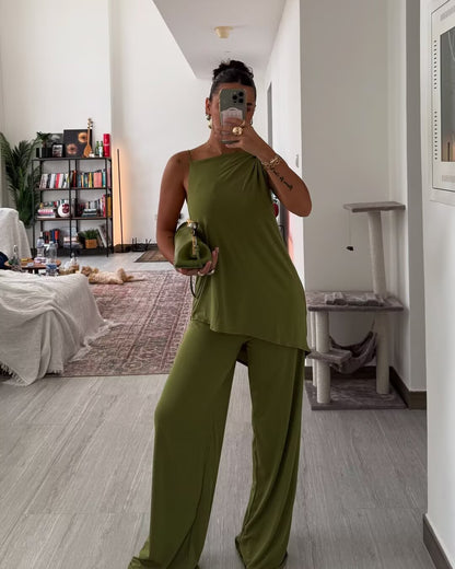SUPERVALUECHOICE HCSEBB00028  GREEN ASYMMETRIC DRAPED TOP AND MATCHING TROUSERS Co Ord Set