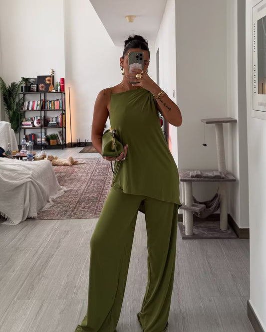 SUPERVALUECHOICE HCSEBB00028  GREEN ASYMMETRIC DRAPED TOP AND MATCHING TROUSERS Co Ord Set