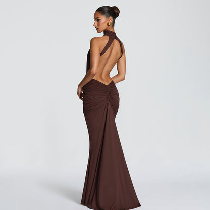 SUPERVALUECHOICE HCSEAB00001 Halter Neck Cutout Ruched Mermaid Maxi Dress