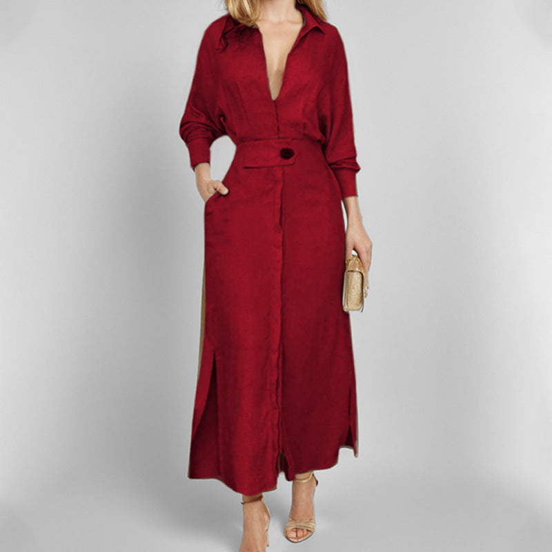 SUPERVALUECHOICE HCSEWO0001 Lace-up Solid Color Waist Long Sleeve Irregular Shirt Dress