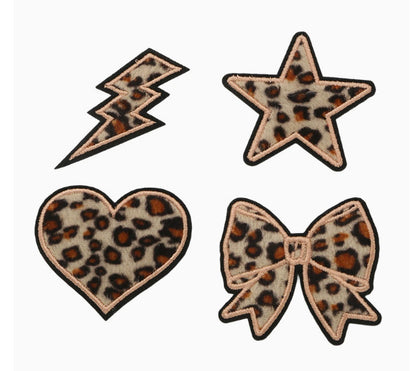 SUPERVALUECHOICE HCSEYSF00003 4 Pieces Leopard Texture Shaped Embroidered Patch Bundle Bow Heart Star Lightning Bolt Iron On Appliques for Denim Jeans Bag Craft Supply
