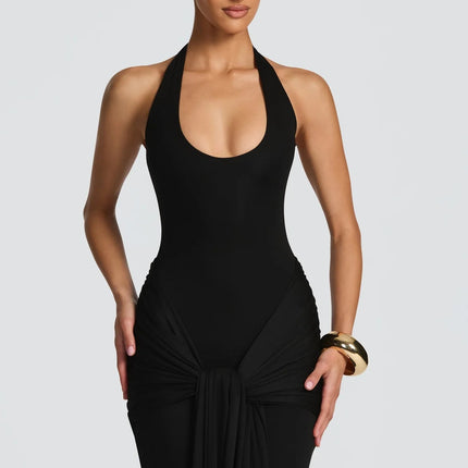 SUPERVALUECHOICE HCSEAA00072 Sexy Halter Bodycon Maxi Dress for Women – Scarf Detail Patchwork Evening Gown