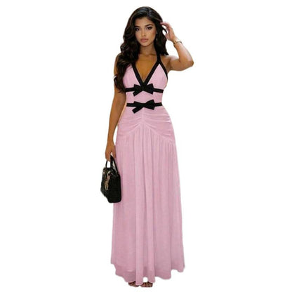 SUPERVALUECHOICE HCSEAA00023 Halter Neck Bow-Contrast Chiffon Maxi Dress