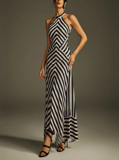 SUPERVALUECHOICE HCSEAA00031 Halter Neck Striped Asymmetrical Maxi Dress