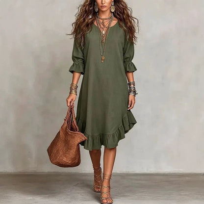 SUPERVALUECHOICE HCSEAA00048 Boho Ruffled Hem Three-Quarter Sleeve Midi Dress