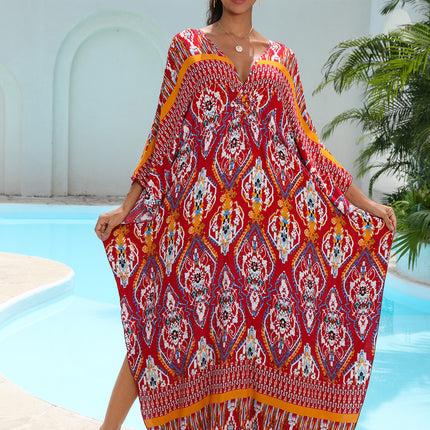 SUPERVALUECHOICE HCSEAD00006 Oversized Kaftan Maxi Dress, V‑Neck Batwing Sleeve Loose Long Caftan, Bohemian Beach Cover‑Up for Women, Plus Size Friendly