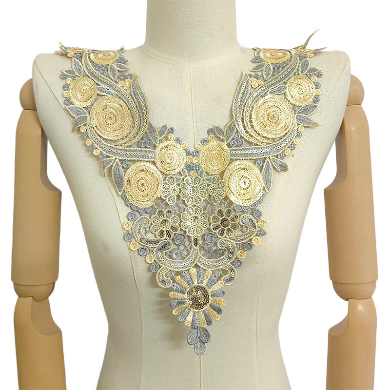 SUPERVALUECHOICE HCSEYB00093 Luxury Sparkly Sequin Floral V-Neck Guipure Lace Applique Rhinestone Accent Neck Trim for Wedding Formal Dress DIY Craft Supply 14.56'' X 17.32''