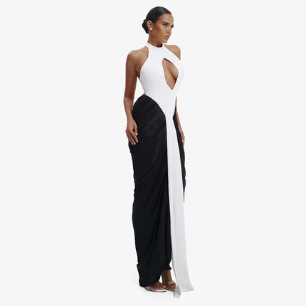 SUPERVALUECHOICE HCSEAC00015 Halterneck Cut-Out Maxi Dress With Flowing Chiffon Skirt